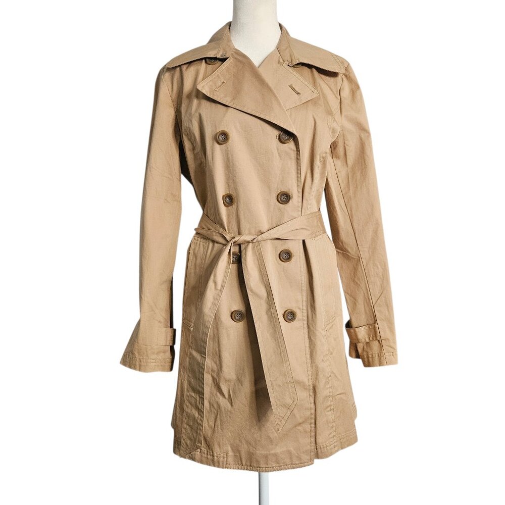 New GARNET HILL Khaki Double Breasted Trench Coat 6 Petite Belted Cotton Classic